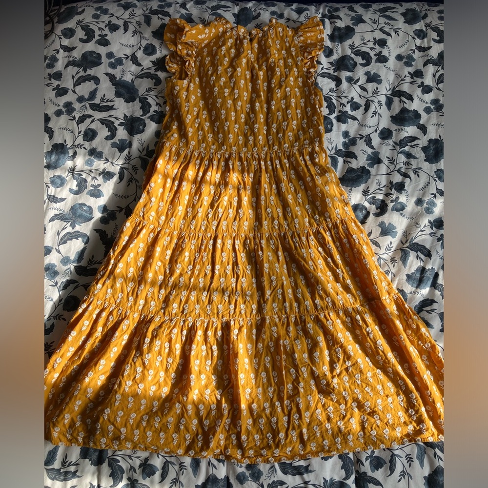 J. Crew Lined Tiered Cotton Sunflower Embroidered Lemon Ochre Dress - Picture 2 of 9